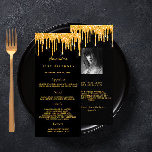 Birthday Menu black gold photo glitter fun facts