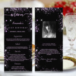 Birthday Menu black purple photo glitter fun facts<br><div class="desc">Birthday party menu card.  Personalise and add a name,  age,  date and the menu. A chic black background,  decorated with purple faux glitter dust.  Purple coloured letters.
Back: add a photo of the birthday girl,  fun facts and names.</div>