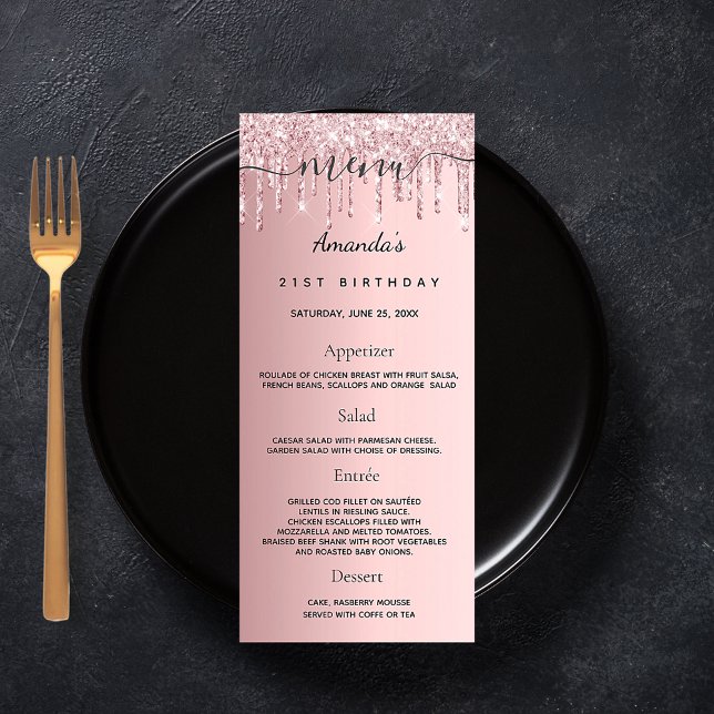 Birthday Menu blush pink glitter drips monogram (Creator Uploaded)