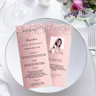 Birthday Menu blush pink glitter photo fun facts