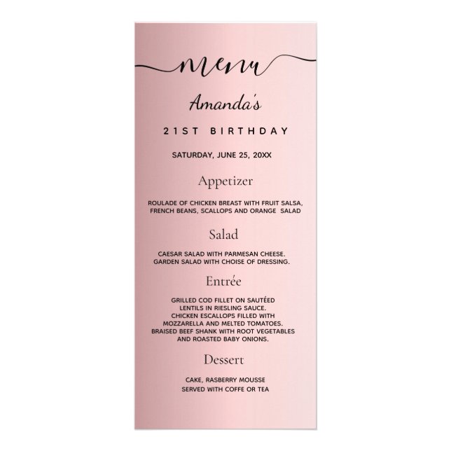 Birthday Menu blush pink metal name fun facts (Front)
