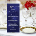 Birthday Menu navy blue white photo fun facts<br><div class="desc">Birthday party menu card.  Personalise and add a name,  age,  date and the menu. A navy blue background. The blue colour is uneven. White coloured letters.
Back: add a photo,  fun facts and names (family or friends)</div>