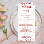 Birthday Menu red white photo fun facts<br><div class="desc">Birthday party menu card.  Personalise and add a name,  age,  date and the menu. A white background. Decorated with red confetti,  red text. 
Back: add a photo of the birthday girl,  fun facts and names.</div>