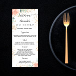 Birthday Menu rose gold floral eucalyptus glitter<br><div class="desc">Birthday party menu card.  Personalize and add a name,  age,  date and the menu. A chic white background,  decorated with faux gold glitter dust,  rose gold and blush pink florals,  and eucalyptus greenery .  Black colored letters.</div>