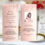 Birthday Menu rose gold glitter drips fun facts<br><div class="desc">Birthday party menu card.  Personalise and add a name,  age,  date and the menu. Rose gold faux metallic looking background,  decorated with faux glitter drips,  paint dripping look.  Black coloured letters.
Back: add a photo of the birthday girl,  fun facts and names.</div>