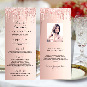 Birthday Menu rose gold glitter drips fun facts