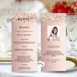 Birthday Menu rose gold glitter photo fun facts<br><div class="desc">Birthday party menu card.  Personalise and add a name,  age,  date and the menu. Rose gold faux metallic looking background,  decorated with faux glitter.  Black coloured letters.
Back: add a photo of the birthday girl,  fun facts and names.</div>