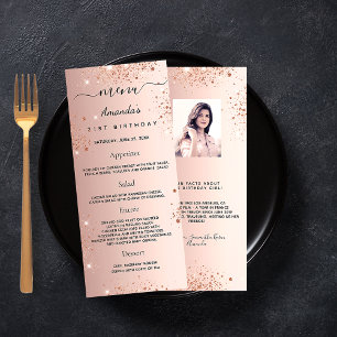 Birthday Menu rose gold glitter photo fun facts