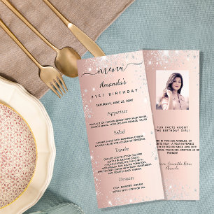Birthday Menu rose gold glitter photo fun facts