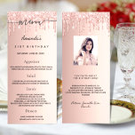 Birthday Menu rose gold glitter photo fun facts<br><div class="desc">Birthday party menu card.  Personalize and add a name,  age,  date and the menu. Rose gold faux metallic looking background,  decorated with faux glitter drips.  Black colored letters.
Back: add a photo of the birthday girl,  fun facts and names.</div>