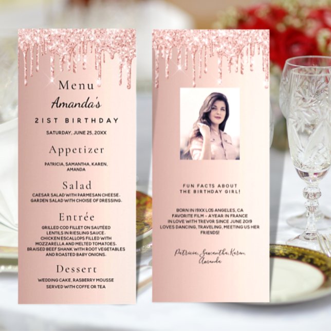 Birthday Menu rose gold pink drips fun facts (Creator Uploaded)