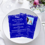 Birthday menu royal blue glitter fun facts photo<br><div class="desc">A royal blue background. White text. Decorated with faux silver glitter,  sparkles.
Front: Personalise and add your name,  date and the menu. 
Back: add your own photo and fun facts about the birthday gir.  Remove the names if not necessary.

1 sheet = 1 menu printed edge to edge.</div>