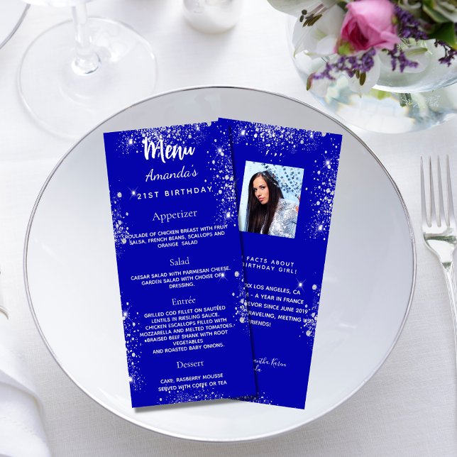 Birthday Menu royal blue silver photo fun facts (Creator Uploaded)