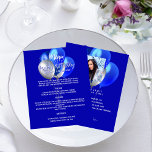 Birthday menu royal blue white balloons fun facts<br><div class="desc">A royal blue background. White text.  Decorated with blue and silver balloons.
Front: Personalise and add your name,  date and the menu. 
Back: add your own photo and fun facts about the birthday gir.  Remove the names if not necessary.

1 sheet = 1 menu printed edge to edge.</div>