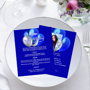 Birthday menu royal blue white balloons fun facts