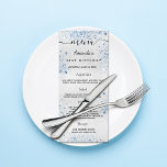 Birthday Menu silver blue glitter name<br><div class="desc">Birthday party menu card.  Personalize and add a name,  age,  date and the menu. Silver faux metallic looking background,  decorted with blue faux glitter dust.  Black colored letters.</div>