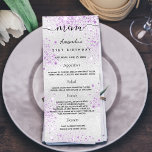 Birthday Menu silver purple metal monogram<br><div class="desc">Birthday party menu card.  Personalise and add a name,  age,  date and the menu. Silver faux metallic looking background,  decorted with purple faux glitter dust.  Black coloured letters.</div>