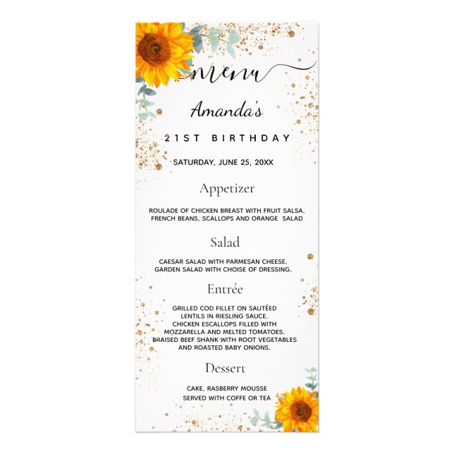 Birthday Menu sunflowers eucalyptus glitter (Front)