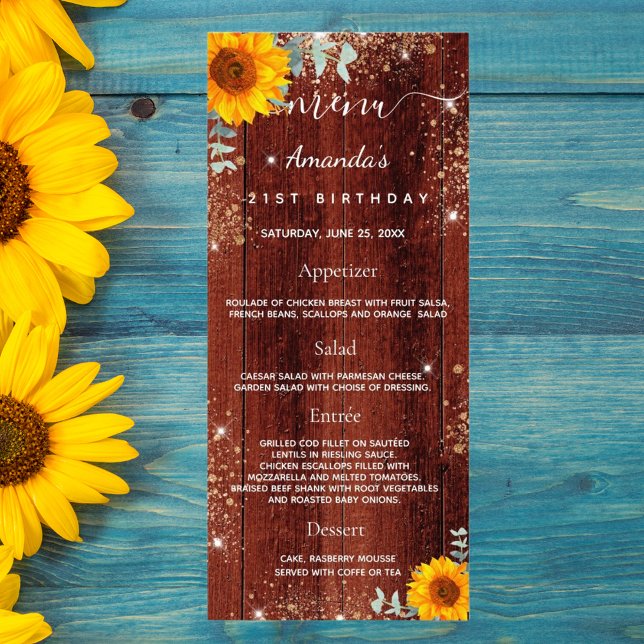 Birthday Menu sunflowers rustic wood glitter (Creator Uploaded)