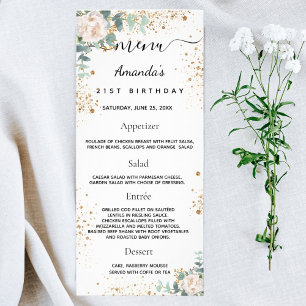 Birthday Menu white floral eucalyptus glitter
