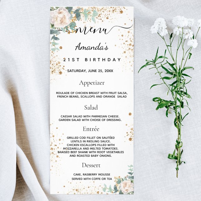 Birthday Menu white floral eucalyptus glitter (Creator Uploaded)