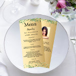 Birthday Meny gold green photo fun facts Rack Card<br><div class="desc">Birthday party menu card.  Personalise and add a name,  age,  date and the menu. A faux gold looking background. Decorated with green confetti,  black text. 
Back: add a photo of the birthday girl,  fun facts and names.</div>