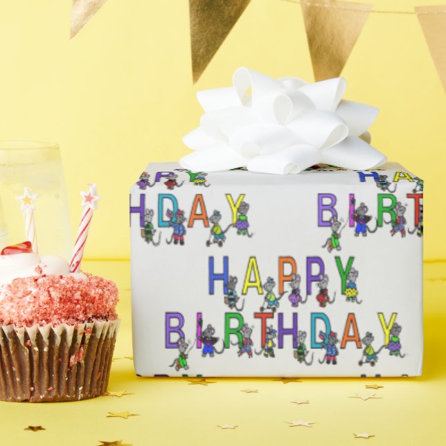Birthday Mice on Grey Wrapping Paper (Birthday Party)