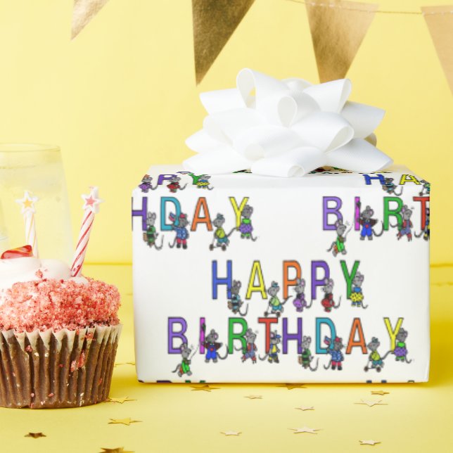 Birthday Mice on White Wrapping Paper (Birthday Party)