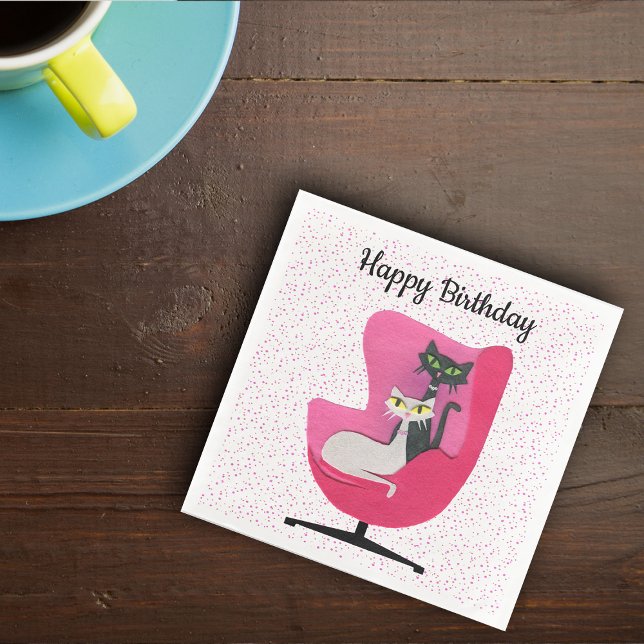Birthday Mid Century Modern Elegant Cats Pink Napkin (Two mid century modern cats in pink chair bright pink polka dots Birthday paper party napkins.)
