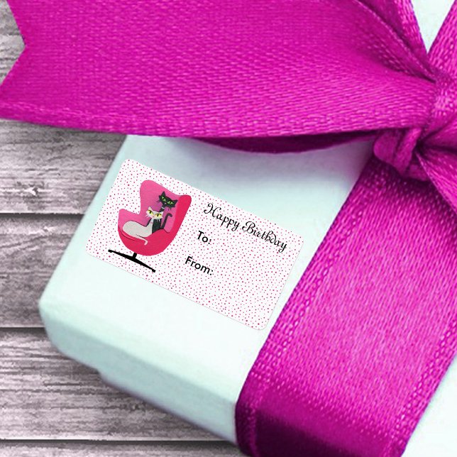 Birthday Mid Century Style Cats Pink Chair Dots Label (Atomic cats in vintage pink chair on white with pink polka dots Birthday gift tag stickers.)