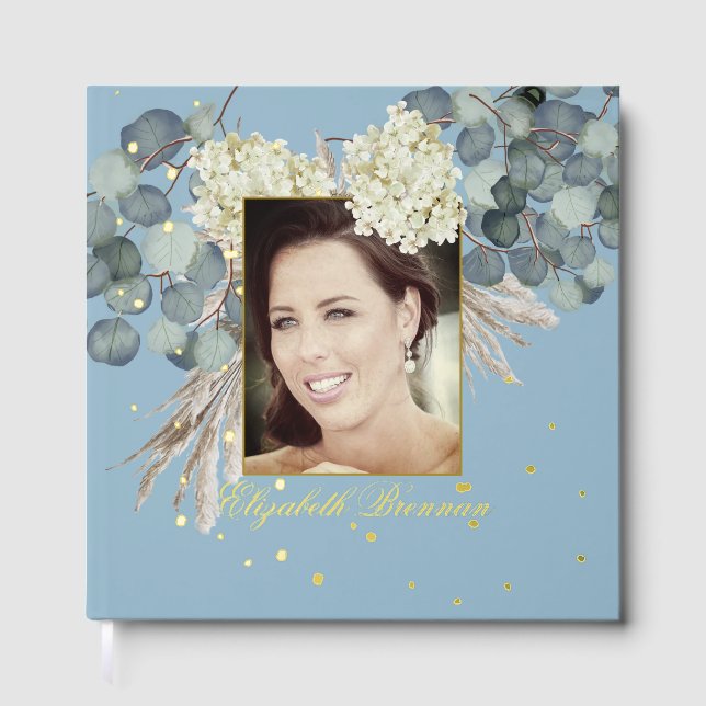 Birthday Milestone Photo Floral Blue Elegant  Guest Book (Front)