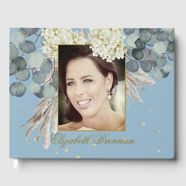 Birthday Milestone Photo Floral Blue Elegant  Guest Book (Front)