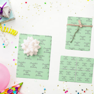 Birthday mint green grey name script wrapping paper sheet