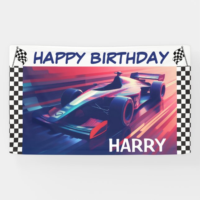 BIRTHDAY MODERN BLUE RACING CAR BANNER (Horizontal)