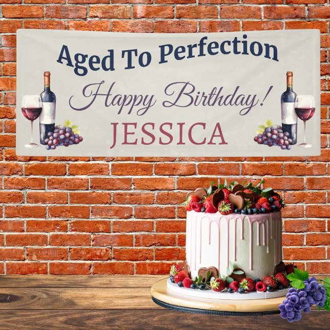 Birthday Modern Simple Elegant Banner (Wine themed ‘Aged to Perfection’ birthday banner with watercolor grapes, wine glass & bottle.)