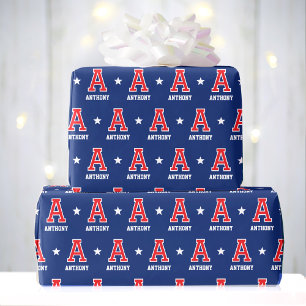 Birthday Monogram Retro Varsity Navy Custom Wrapping Paper
