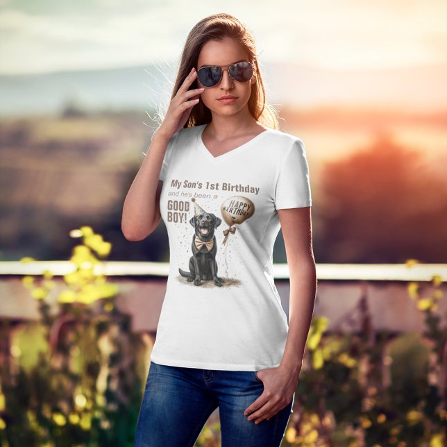 Birthday Mother Black Lab Custom T-Shirt (cute black lab happy birthday balloon confetti party hat for mom)