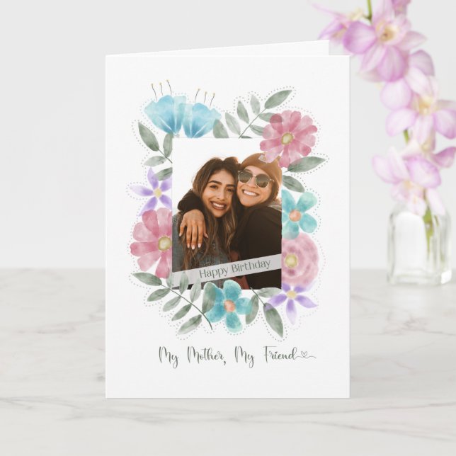 Birthday Mother Custom Photo Watercolor Flowers Card (Orchid)