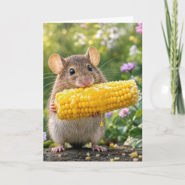 Birthday Mouse Eating Corn on the Cob Card (Front)