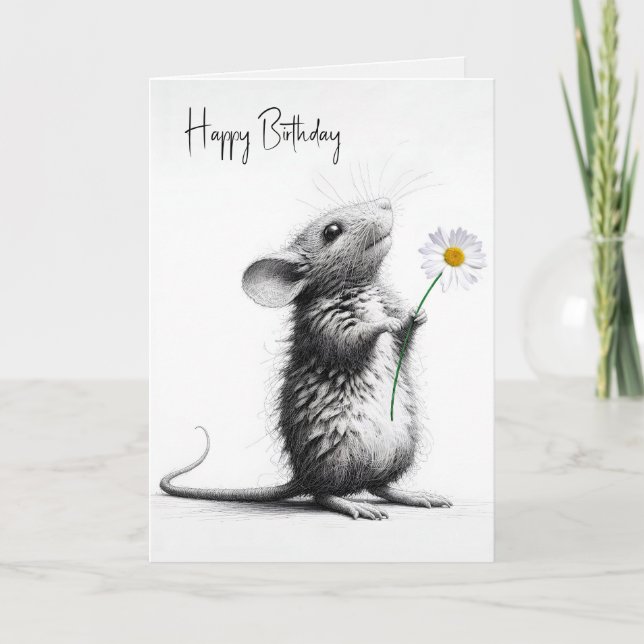 Birthday Mouse With White Daisy Card (Front)