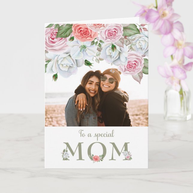 Birthday Mum Custom Photo Watercolor Flowers Card (Orchid)