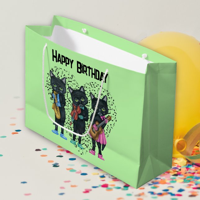 Birthday Musical Black Cats Instrument Heart Green Large Gift Bag (Musical black cats playing instruments heart of music notes on Birthday green gift bag.)