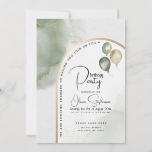 Birthday Muted Sage Abstract Marble Invitation