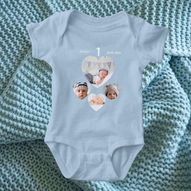 Birthday name age photo collage baby boy blue bodysuit (Creator Uploaded)