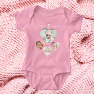 Birthday name age photo collage baby girl pink bodysuit