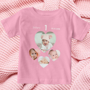 Birthday name age photo collage baby girl pink T-Shirt