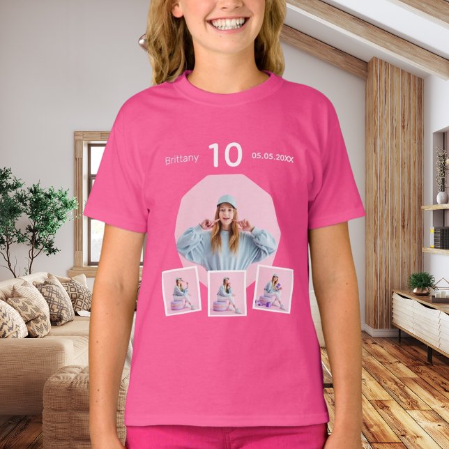 Birthday name age photo collage girl pink T-Shirt (Creator Uploaded)