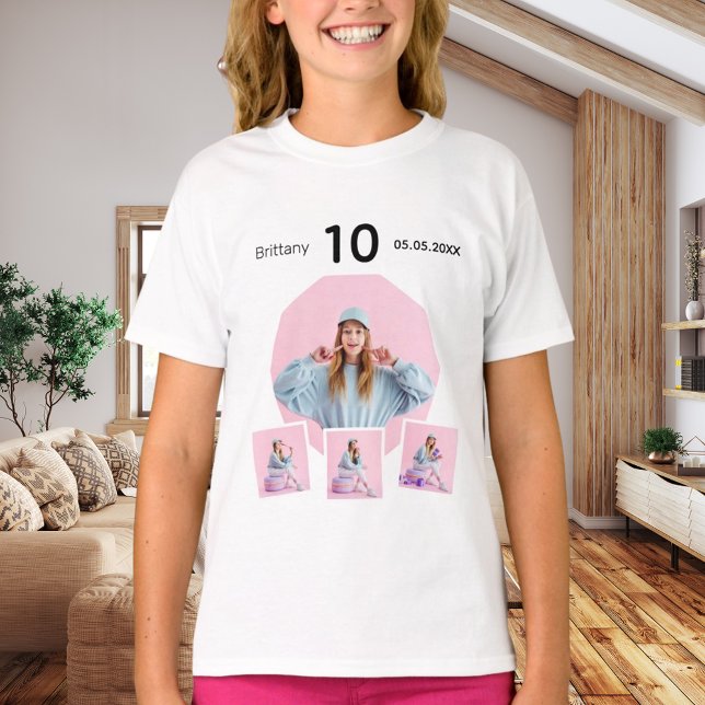 Birthday name age photo collage girl T-Shirt (Creator Uploaded)