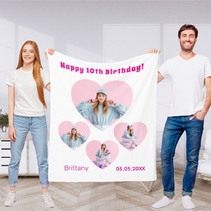 Birthday name age photo heart collage girl fleece blanket