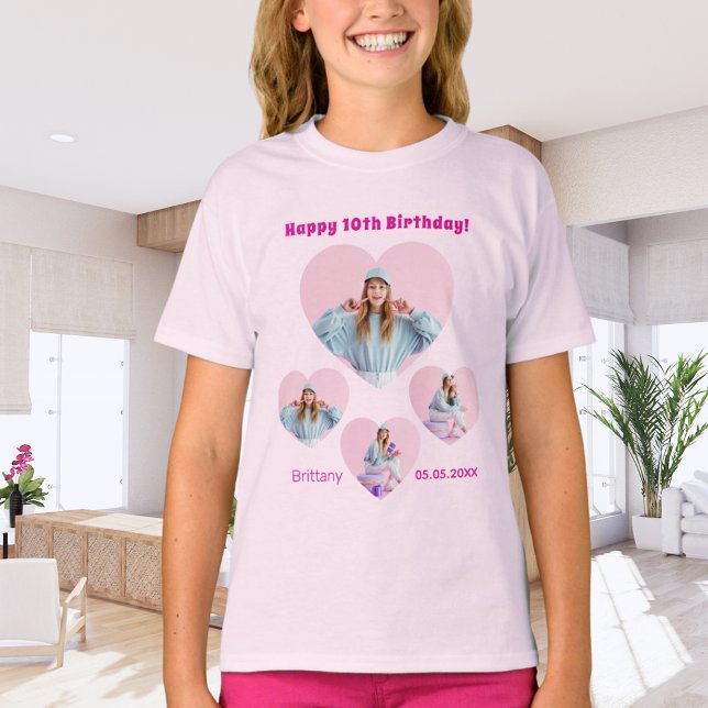 Birthday name age photo heart collage girl pink T-Shirt (Creator Uploaded)